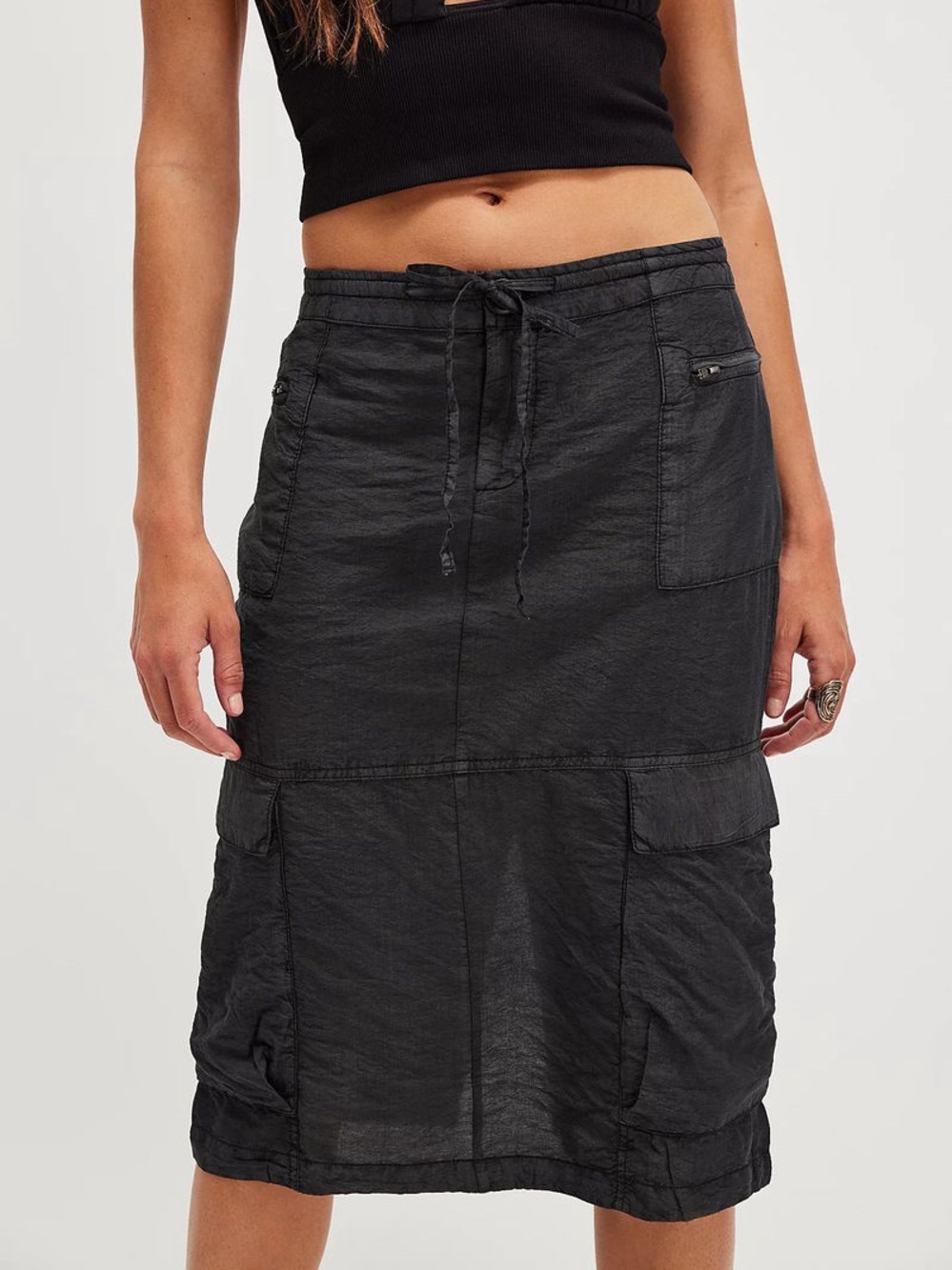 NEW FREE PEOPLE Evie Column Black Drawstring Cargo Midi Skirt Size: 0 (XS)